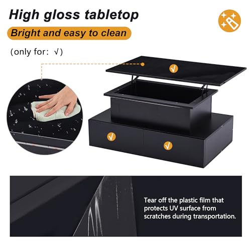 Smart Lift Top Coffee Table, Storage Drawers, Hidden Compartment, RGB Light Control, Glossy Surface, Hydraulic Lift Stand, Black