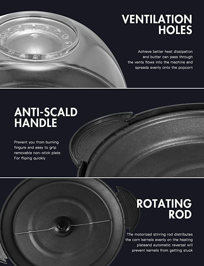 Popcorn Maker 6-Quart Popper, Nonstick Plate, Electric Stirring, Quick-Heat, Cool Touch Handles - Red&Black