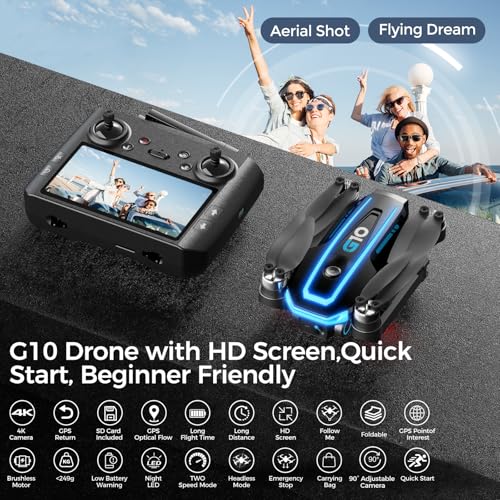 Brand G10 Camera Drones: 4k Pro Quadcopter, HD Screen, Follow Me, GPS Auto Return