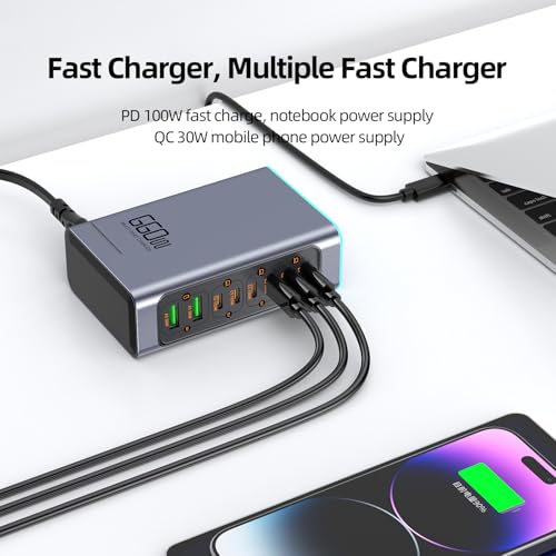 USB C Charger 8-Port Fast GaN Station, Colorful Lights - Laptop, MacBook, Dell, iPad, iPhone, Samsung