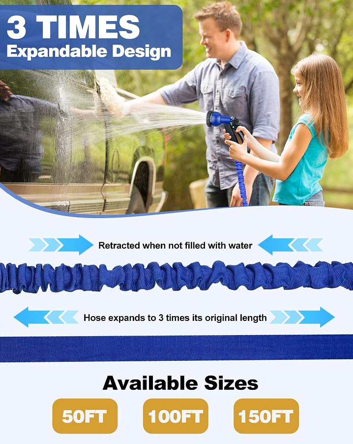 Brand Expandable Garden Hose 50FT Heavy Duty Water Hose with 8 Function Spray Nozzle, Leak-Proof Retractable