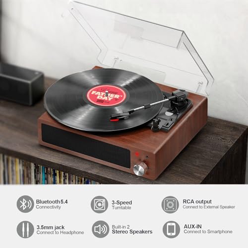 FYDEE Vintage Record Player: Belt-Drive 3-Speed Vinyl Turntable, Built-in Speakers, Headphone Jack, RCA Output