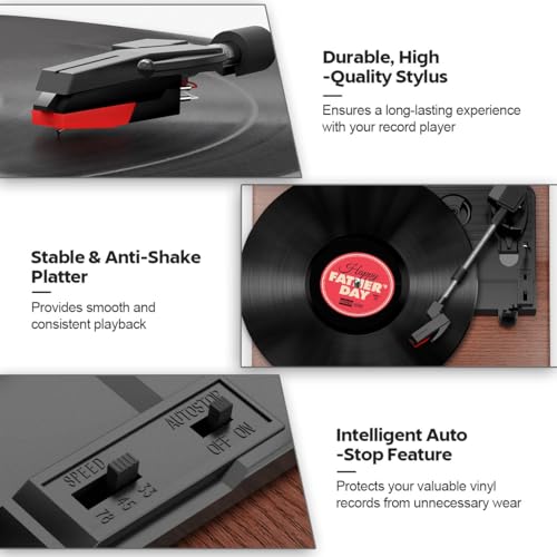 FYDEE Vintage Record Player: Belt-Drive 3-Speed Vinyl Turntable, Built-in Speakers, Headphone Jack, RCA Output