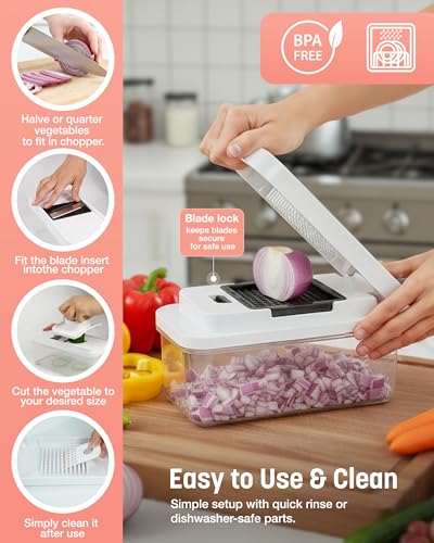 Keplin 7-in-1 Vegetable Chopper: Slicer, Dicer, Grater - BPA Free, Dishwasher Safe - Stainless Steel Blades