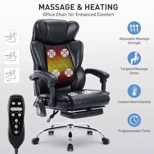 COLAMY Massage Office Chair with Footrest & Heated Lumbar Support - Ergonomic Recliner with Adjustable Height, Swivel Base