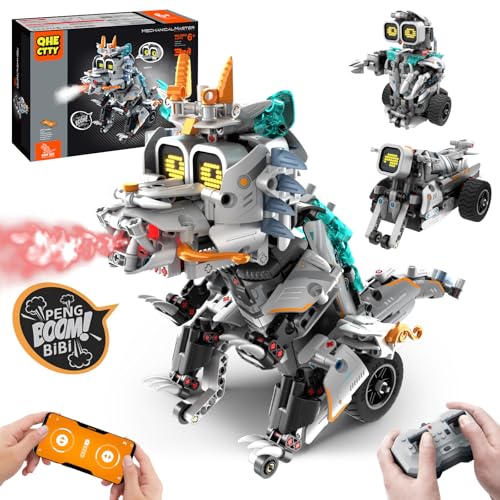 Buildable STEM Dino Moto Robot Kit, Remote Control, Music, 646 Pcs - Fun Educational Toy for Kids 6-14 - Birthday & Xmas Gift