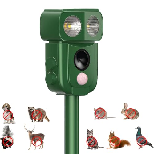 WUGEIN Solar Cat Repellent with LED Flash, Ultrasonic Scarer - USB Charging - Deter Fox, Cats, Dogs - Waterproof Animal Repellent