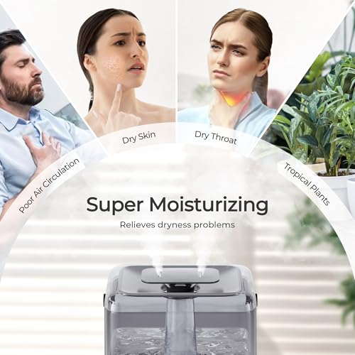 CHIVALZ 6L Cool Mist Humidifier for Bedroom & Nursery, Top Fill, Oil Diffuser, Large Room Home, Plants, 2 Mist Outlets Gray