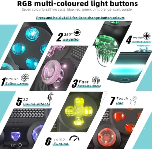 FOIRCEADAL RGB Wireless Controller for PS4 Gamepad with 6-Axis Motion Sensor & Turbo Touch Pad