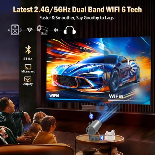 Smart 4K Mini Projector with WiFi 6 & Bluetooth 5.4, Rotatable Stand - Portable for Home Cinema, Office, Outdoor