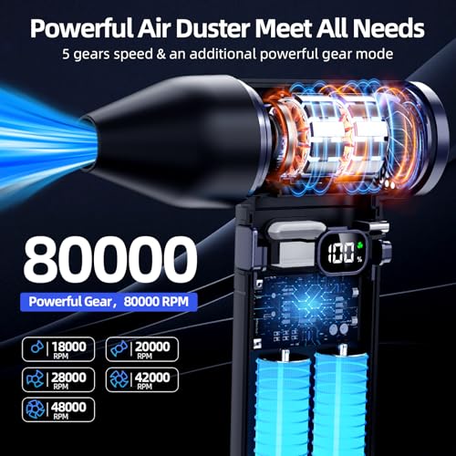 Cordless Electric Air Duster: Portable Blower with LED Light, 5 Gear Powerful Mode, Rechargeable Cleaner for PC, Electronics