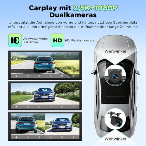 LAMTTO 10.25-inch Wireless CarPlay Android Auto Display with Dashcam - Voice Assistant, Map Navigation, Bluetooth - 64GB TF Card