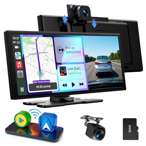 LAMTTO 10.25-inch Wireless CarPlay Android Auto Display with Dashcam - Voice Assistant, Map Navigation, Bluetooth - 64GB TF Card