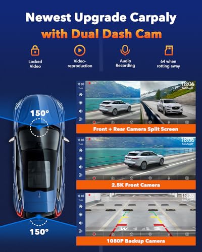 Volam Wireless Car Stereo 9 inch Screen, CarPlay & Android Auto, Dashcam, Navigation, Voice Assistant, Bluetooth, FM