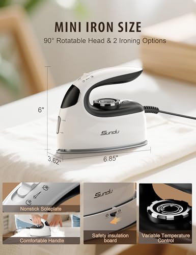 Sundu Mini Travel Iron with Steam, Portable 1000W Steamer for Quilting & Sewing, 300 Microsteam Holes, Digital Temp Control