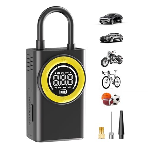 FLYKID Cordless Tyre Inflator Air Compressor, LED Light, 150 PSI, Auto Shutoff, 3 Nozzle Adapters - Cars, Bikes, Sports
