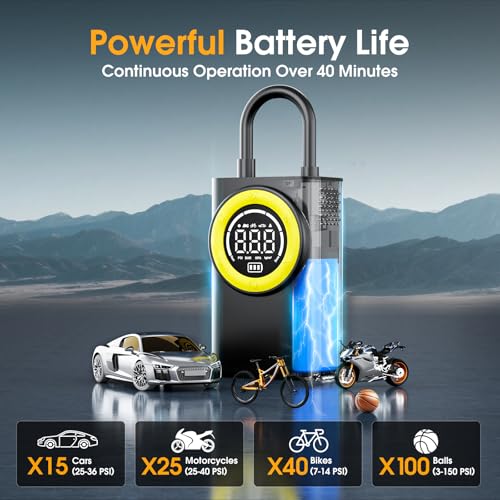 FLYKID Cordless Tyre Inflator Air Compressor, LED Light, 150 PSI, Auto Shutoff, 3 Nozzle Adapters - Cars, Bikes, Sports
