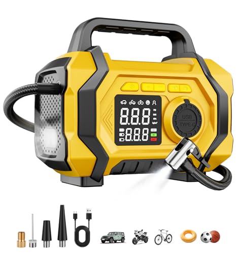 Portable Tire Inflator: Fast 150PSI Air Pump for Car, Cordless Motorcycle Bike Pump, Pressure Gauge, Auto Shut-off, LED Display