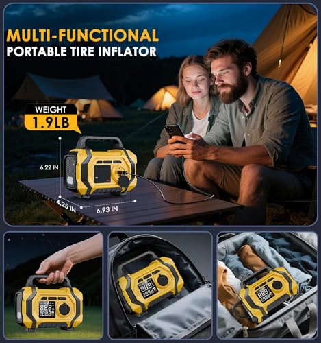 Portable Tire Inflator: Fast 150PSI Air Pump for Car, Cordless Motorcycle Bike Pump, Pressure Gauge, Auto Shut-off, LED Display