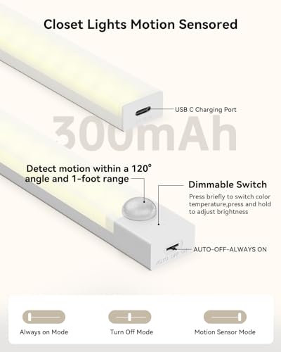 Rechargeable Motion Sensor Light 3 Color Dimmable Closet Light - USB Stick on LED Magnetic Under Cabinet Lighting, 3 Packs