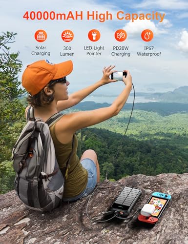 Brand Solar Charger Power Bank 40,000mAh, Fast PD 20W Charging, 4 Cables, USB-C, Flashlights - Camping Essentials