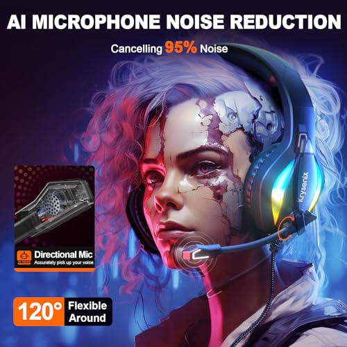 PG1 Gaming Headset with LED Light for PS4 PS5 PC Xbox Switch, Over Ear Wired Headphones with Noise Cancelling Mic - Deep Black