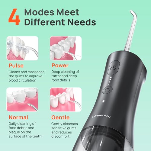 OPERAN Cordless Water Flosser for Adults Braces, 4 Modes, 4 Nozzles, 300ml Tank, IPX7 Waterproof - Travel-Friendly