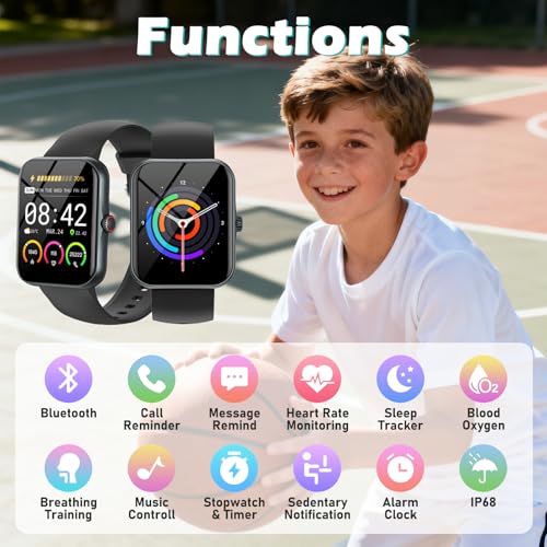 Montre Connectée Enfant, HD Smartwatch IP68 Étanche, 120+ Modes Sport, Cardio, Podomètre, Jeux - Ados 4-16 Ans, Noir