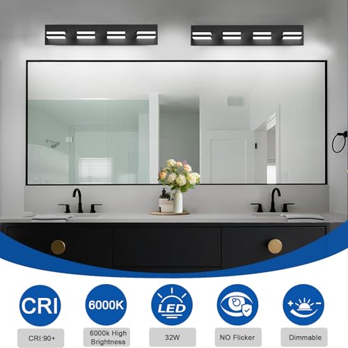 IZORRO Modern Bathroom Vanity Lights, Dimmable LED Wall Lighting - Matte Black Acrylic, 4-Light Fixture for Over Mirror, 24 inch