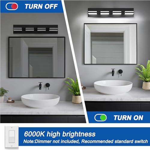 IZORRO Modern Bathroom Vanity Lights, Dimmable LED Wall Lighting - Matte Black Acrylic, 4-Light Fixture for Over Mirror, 24 inch
