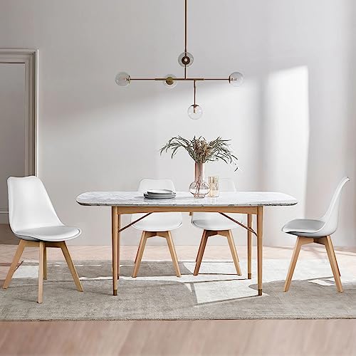 OLIXIS Mid-Century Modern Dining Chairs with Wood Legs & PU Leather Cushion - Set of 4, White