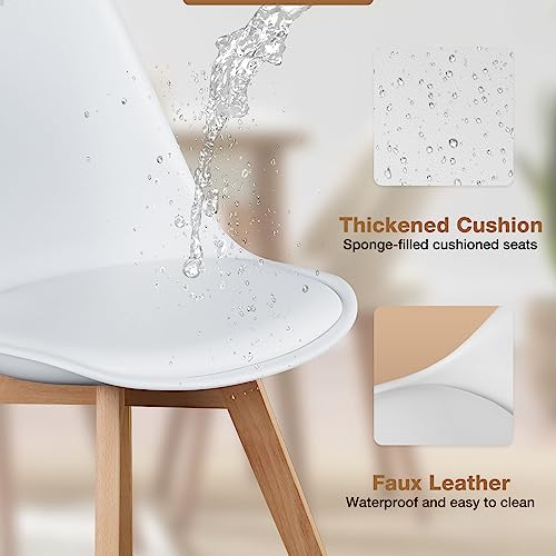 OLIXIS Mid-Century Modern Dining Chairs with Wood Legs & PU Leather Cushion - Set of 4, White