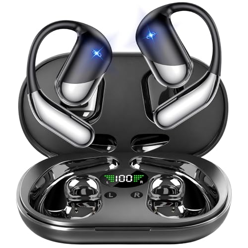 Wireless Open Ear Earbuds, Bluetooth 5.4, Mic, IPX7 Waterproof, LED Charging Case, Ideal for Running Fitness Gym