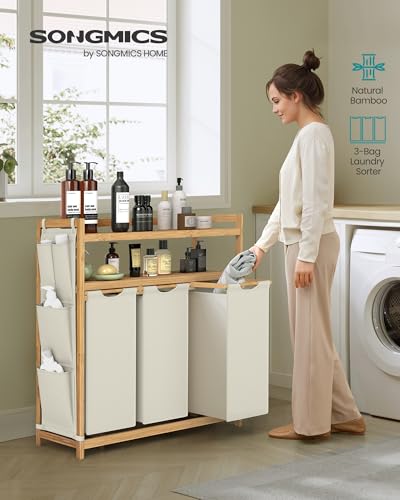 SONGMICS Laundry Sorter with 3 Compartments, Shelf & Bag, Cream White - Stylish & Spacious Hamper for Easy Sorting & Storage