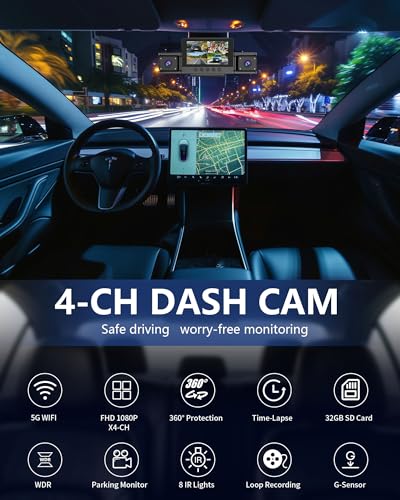Brand 4-Channel 360° Dash Cam: Front & Rear FHD 1080P, 180° Rotating Side-View, Collision Detection, Parking Monitor | Sedan & SUV