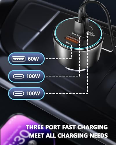 Fast Charge Car Adapter 200W USB C PD3.0 QC4.0 PPS Charger, 2x 100W Cables, 3-Port Type C Lighter for Dell XPS, MacBook, Galaxy S24