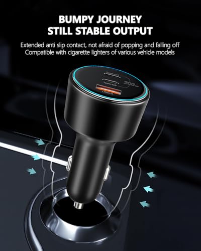 Fast Charge Car Adapter 200W USB C PD3.0 QC4.0 PPS Charger, 2x 100W Cables, 3-Port Type C Lighter for Dell XPS, MacBook, Galaxy S24