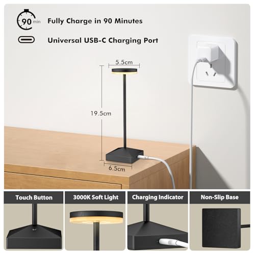 Black Small Cordless Table Lamps - Set of 3, Rechargeable LED Lights - Portable Touch Lamp for Bedside, Dining, Bar - Battery Operated
