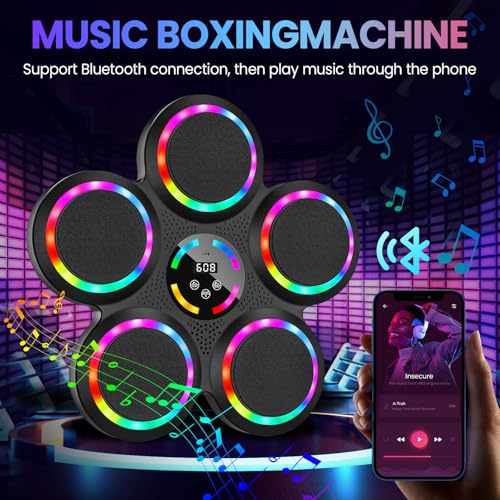 Smart Music Boxing Machine with LED Lights & Bluetooth, 9 Speeds, Wall Mounted, for Adults Kids
