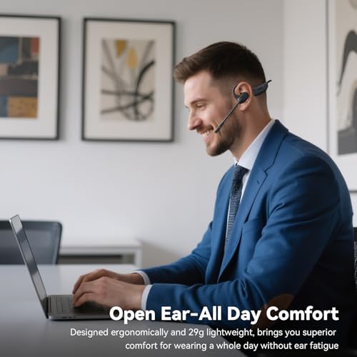 LEVN Open Ear Headphones 29g Bluetooth Mic Noise Cancelling - Waterproof Wireless Headset for Work, Workout, Driving