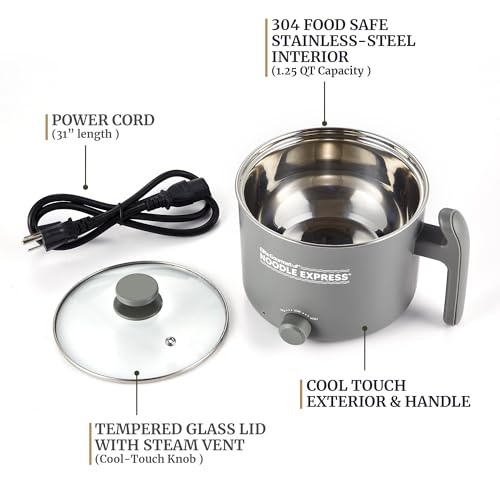 Elite Gourmet Noodle Express Hot Pot: Ramen, Rice, Soups, Stews - Stainless Steel Interior, Glass Lid - Grey