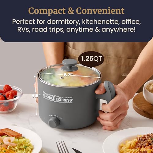 Elite Gourmet Noodle Express Hot Pot: Ramen, Rice, Soups, Stews - Stainless Steel Interior, Glass Lid - Grey