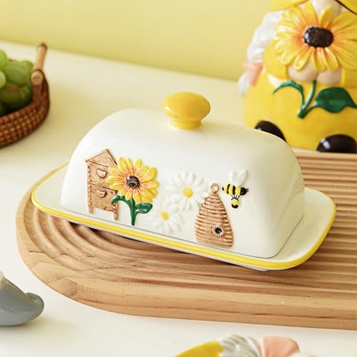 HAN SHENG Ceramic Butter Dish - Airtight Keeper & Honeycomb Design - Farmhouse Storage, Rustic Kitchen Decor - Bee Garden Gift