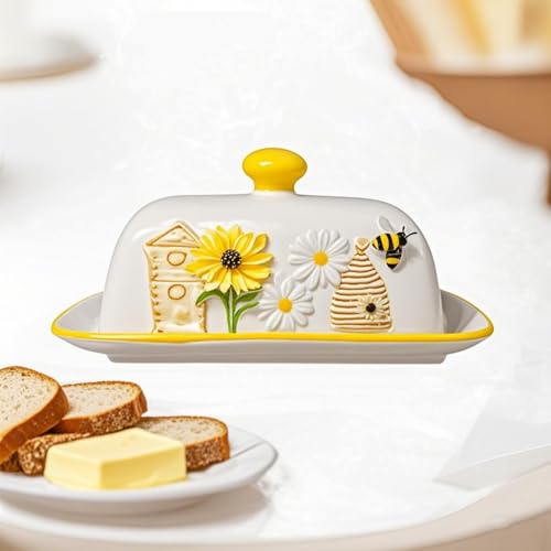 HAN SHENG Ceramic Butter Dish - Airtight Keeper & Honeycomb Design - Farmhouse Storage, Rustic Kitchen Decor - Bee Garden Gift