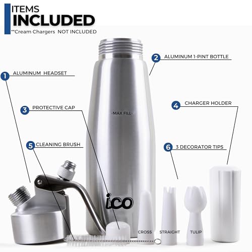 ICO Aluminum Whipped Cream Dispenser - Premium 500ml Whipper for Homemade Cream, Desserts & More