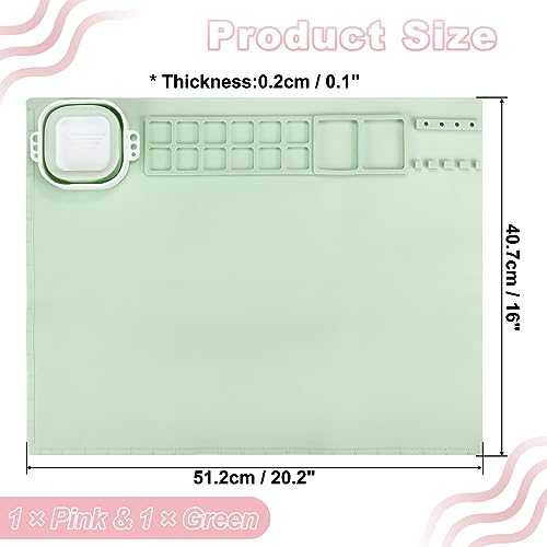 PATIKIL Silicone Painting Mat 20x16 inch - 2 Pcs Art Stations with Cup Holder - Nonstick Nonslip Craft Clay Pad - Green/Pink