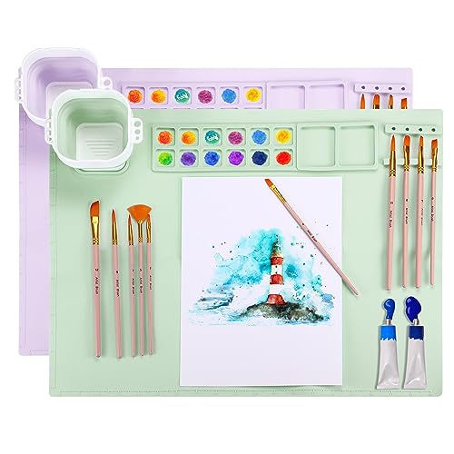 PATIKIL Silicone Painting Mat 20x16 inch - 2 Pcs Art Stations with Cup Holder - Nonstick Nonslip Craft Clay Pad - Green/Pink