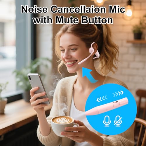 Wireless Open Ear Headphones with Mic, Noise Cancelling, Mute Button - aptX Support - Ideal for Home Office, Driving - Pink