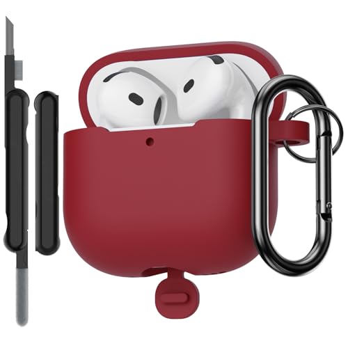 AirPods 4th Gen Silicone Case Cover Kit, Shockproof Drop Protection, Scratch Resistant, Burgundy, Keychain