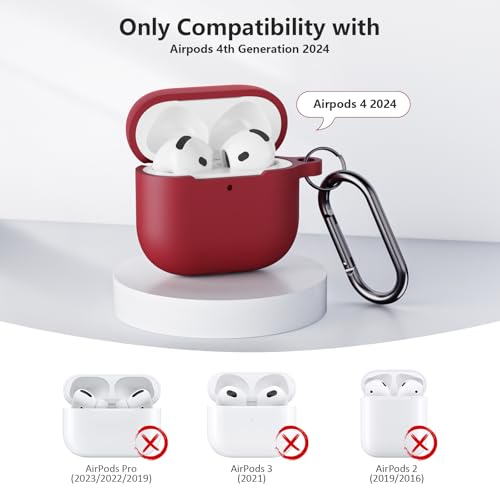 AirPods 4th Gen Silicone Case Cover Kit, Shockproof Drop Protection, Scratch Resistant, Burgundy, Keychain
